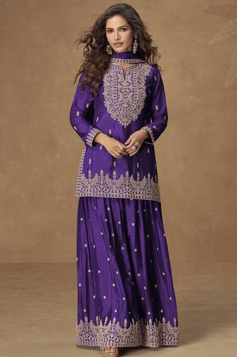 Violet chinnon silk embroidered plazzo suit 