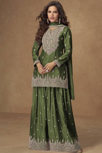 Green chinnon silk embroidered plazzo suit 