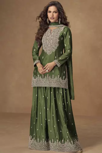 Green chinnon silk embroidered plazzo suit 