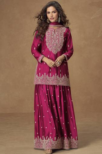 Pink chinnon silk embroidered plazzo suit 