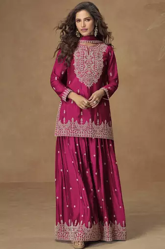 Pink chinnon silk embroidered plazzo suit 