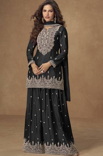 Black  chinnon silk embroidered plazzo suit 
