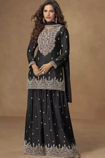 Black  chinnon silk embroidered plazzo suit 
