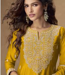 Yellow  chinnon silk embroidered Palazzo suit