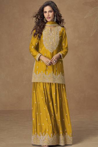 Yellow  chinnon silk embroidered plazzo suit 