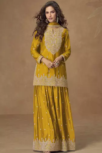 Yellow  chinnon silk embroidered Palazzo suit 