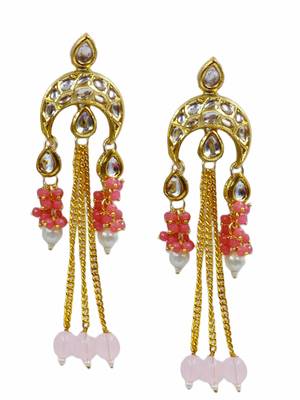 Elegant pink kundan & beads chain dangler earrings for women & girls. 2