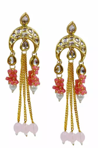 Elegant pink kundan & beads chain dangler earrings for women & girls.