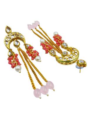 Elegant pink kundan & beads chain dangler earrings for women & girls. 3