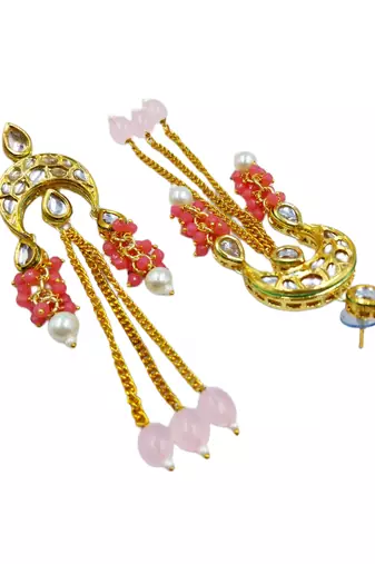 Elegant pink kundan & beads chain dangler earrings for women & girls.