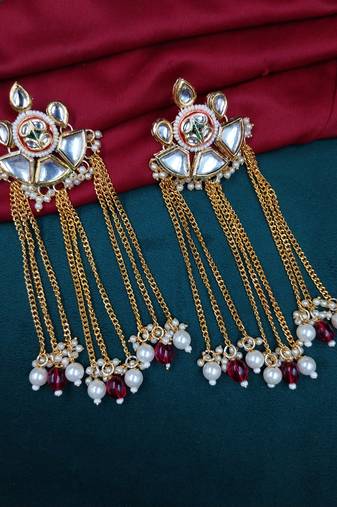 Elegant ruby kundan & beads chain dangler earrings for women & girls.