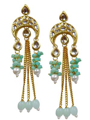 Elegant mint kundan & beads chain dangler earrings for women & girls. 2