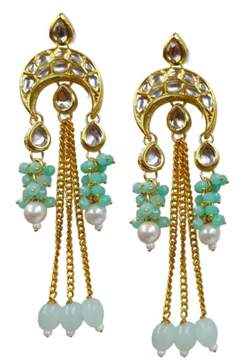 Elegant mint kundan & beads chain dangler earrings for women & girls.