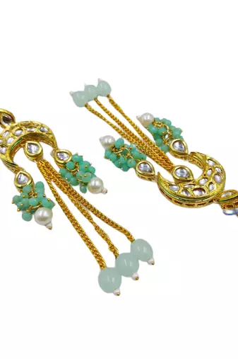 Elegant mint kundan & beads chain dangler earrings for women & girls.