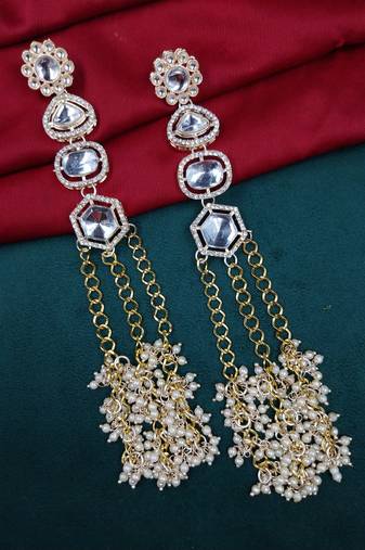 Elegant white kundan & beads chain dangler earrings for women & girls.