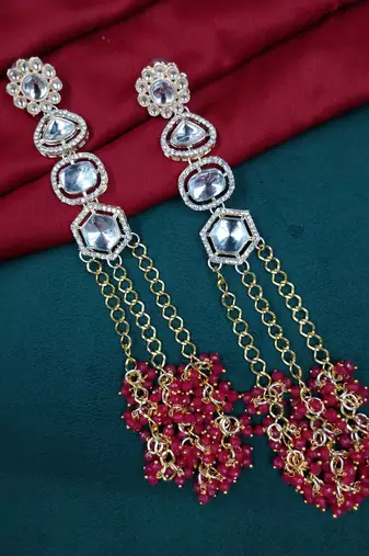 Elegant ruby kundan & beads chain dangler earrings for women & girls.