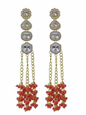 Elegant pink kundan & beads chain dangler earrings for women & girls. 2