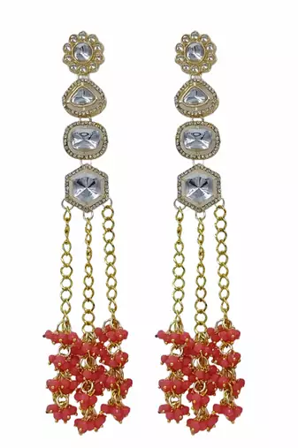 Elegant pink kundan & beads chain dangler earrings for women & girls.