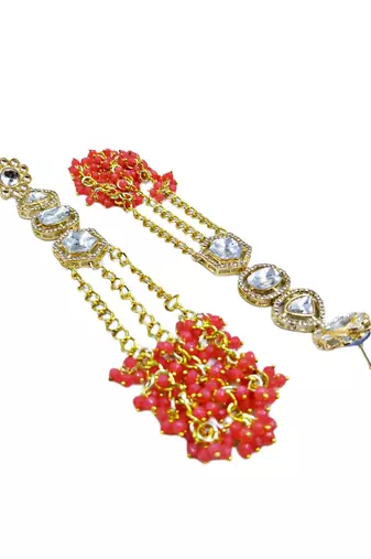 Elegant pink kundan & beads chain dangler earrings for women & girls.
