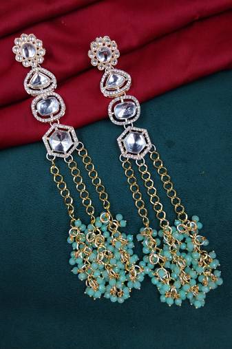 Elegant mint kundan & beads chain dangler earrings for women & girls.