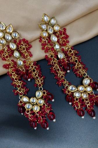 Elegant ruby kundan & beads chain dangler earrings for women & girls.