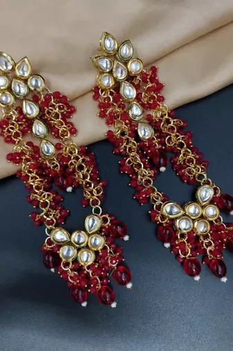Elegant ruby kundan & beads chain dangler earrings for women & girls.