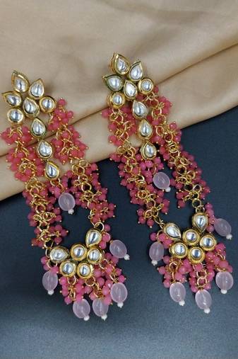 Elegant pink kundan & beads chain dangler earrings for women & girls.