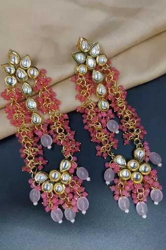 Elegant pink kundan & beads chain dangler earrings for women & girls.