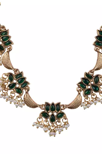 Gold plated green lotus necklace set