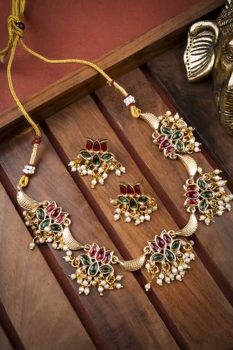 Gold plated muticolor lotus necklace set