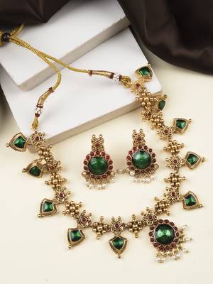 Gold plated green floral necklace set 1