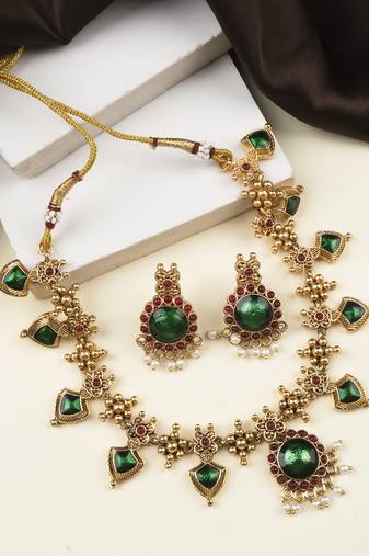 Gold plated green floral necklace set