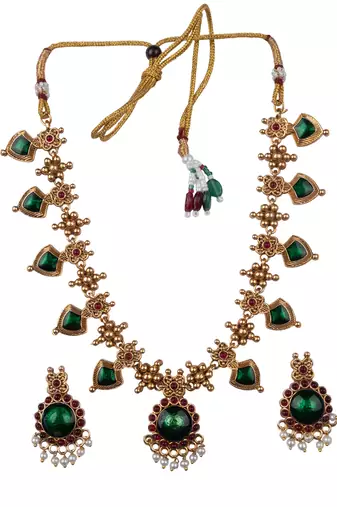 Gold plated green floral necklace set