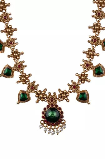 Gold plated green floral necklace set