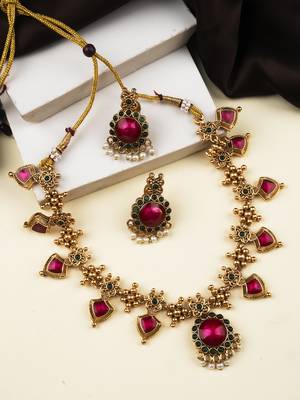 Gold plated pink floral necklace set 1