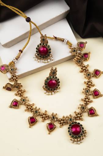Gold plated pink floral necklace set