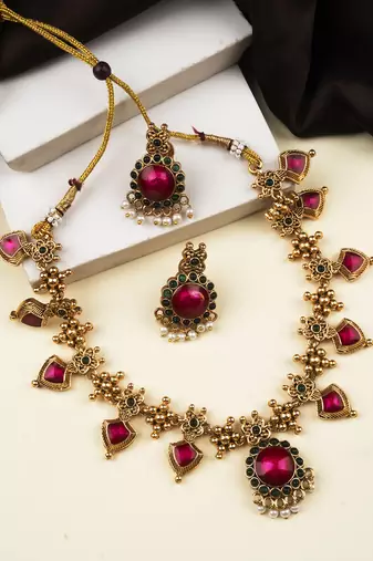 Gold plated pink floral necklace set