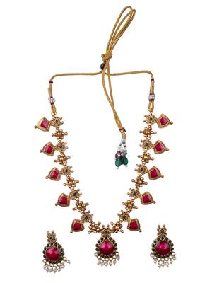 Gold plated pink floral necklace set 2