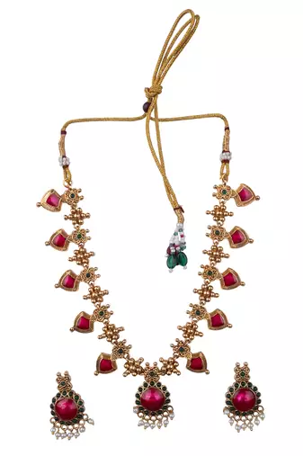 Gold plated pink floral necklace set