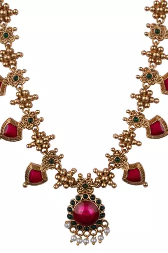Gold plated pink floral necklace set