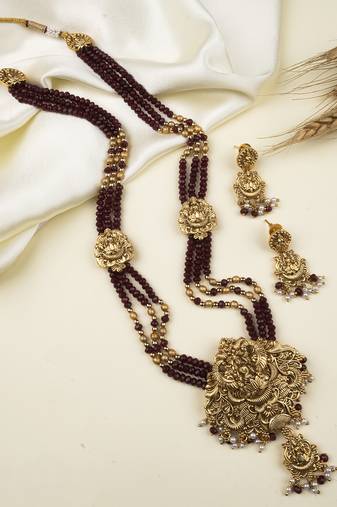 Gold plated goddess maroon beads long necklace set