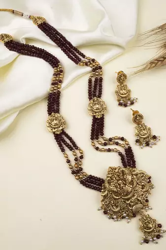 Gold plated goddess maroon beads long necklace set