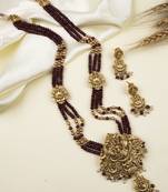 Gold plated goddess maroon beads long necklace set
