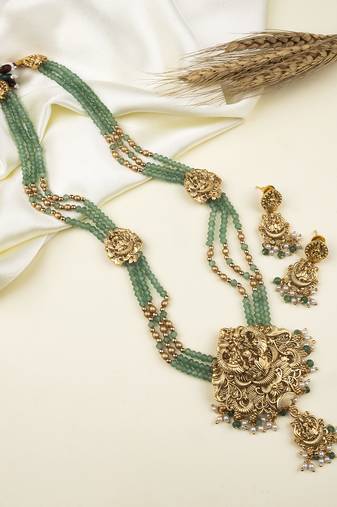 Gold plated goddess turquoise beads long necklace set