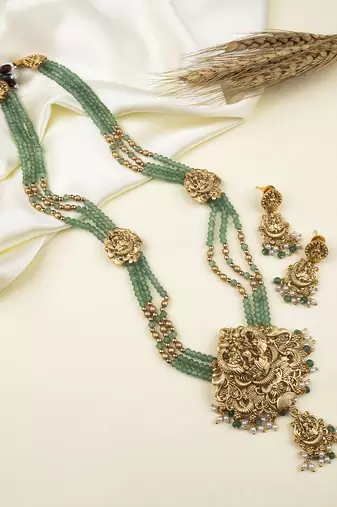 Gold plated goddess turquoise beads long necklace set