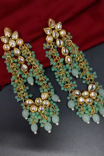Elegant mint kundan & beads chain dangler earrings for women & girls.