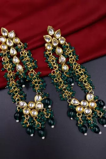 Elegant green kundan & beads chain dangler earrings for women & girls.