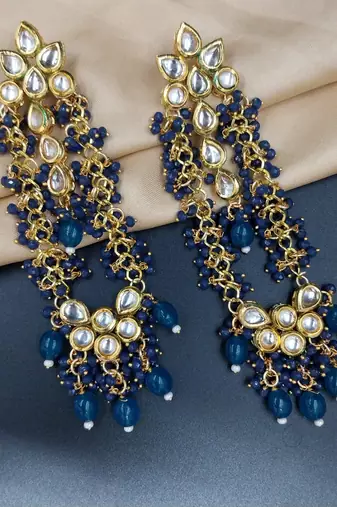 Elegant blue kundan & beads chain dangler earrings for women & girls.