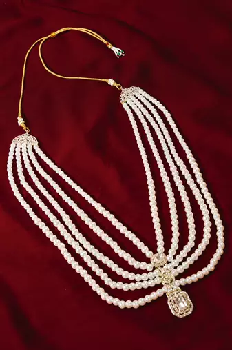 Vastramay men's cream layered pearl rhinestone wedding necklace