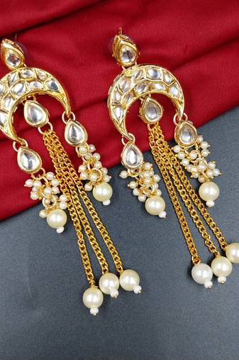 Elegant white kundan & beads chain dangler earrings for women & girls.